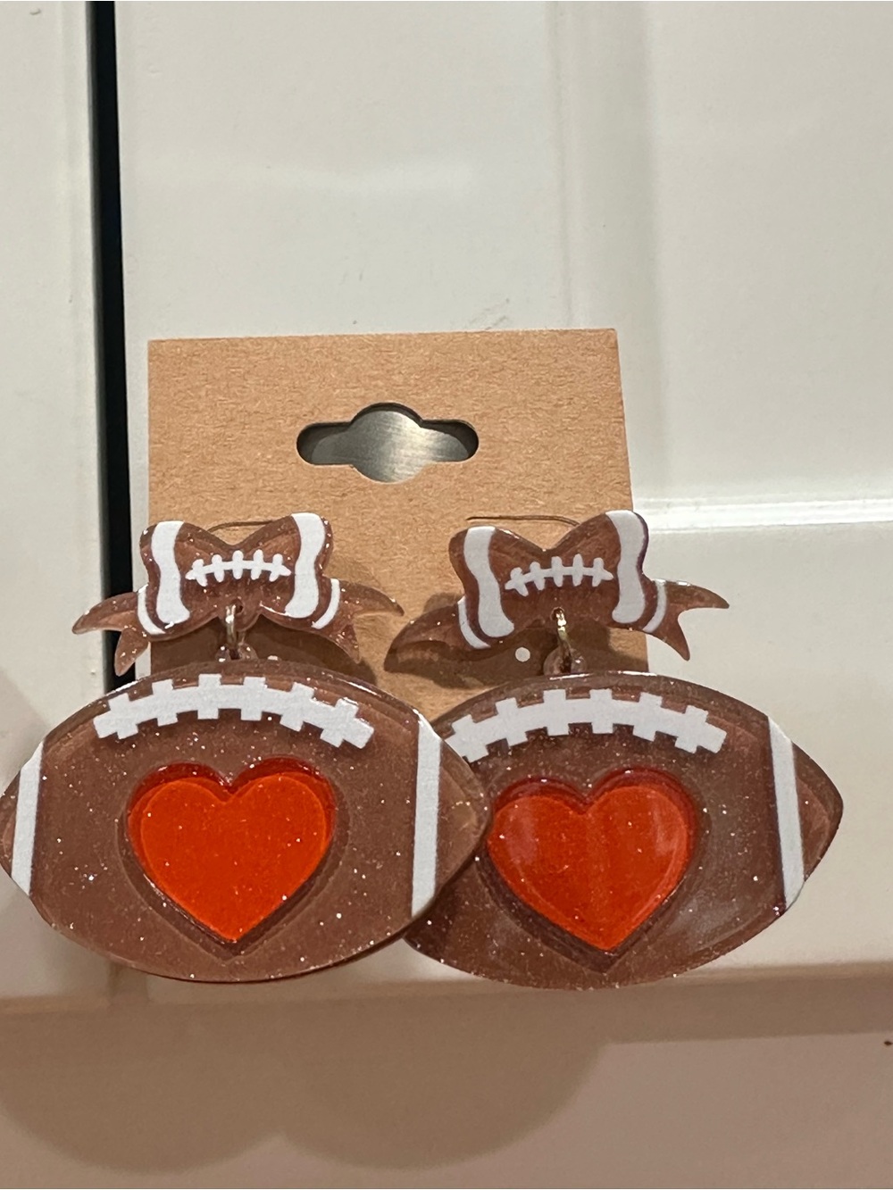 Kids Football Heart Dangle Earrings — Brown & Orange